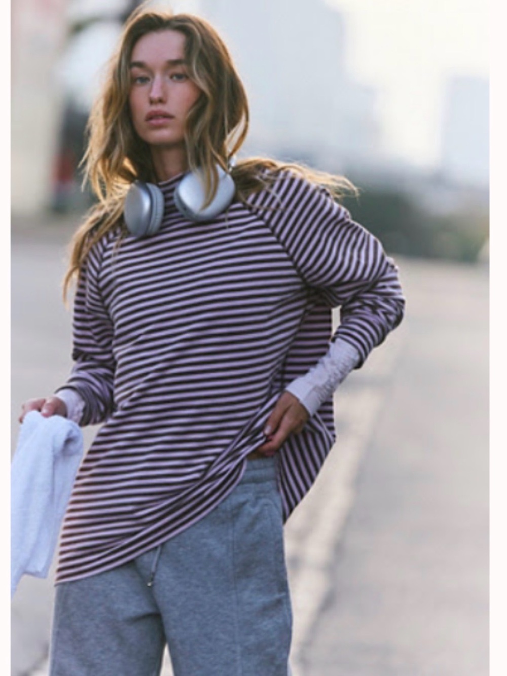 Free People Purple and White Striped Long Sleeve Tee